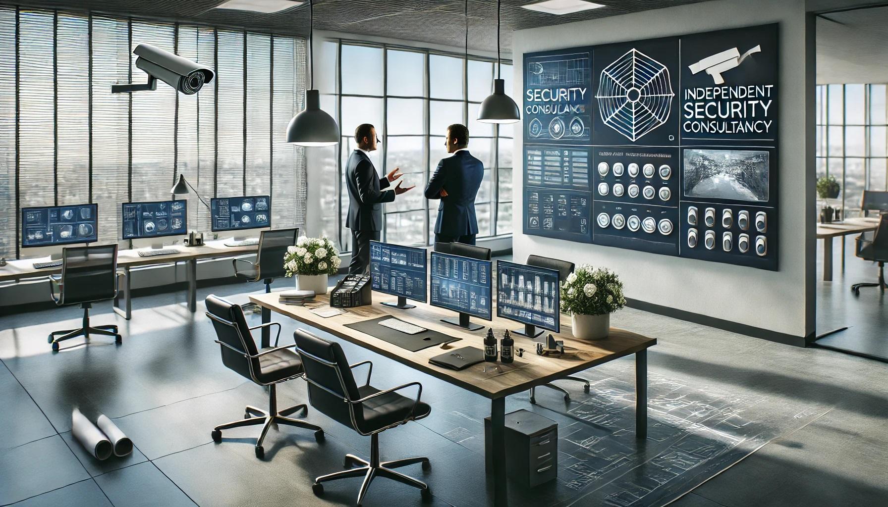 DALL·E 2024-12-04 09.47.29 - A independengt security -risk consultant modern, professional scene illustrating independent security consultancy. The image features a security consultant conducting a detailed risk assess by .