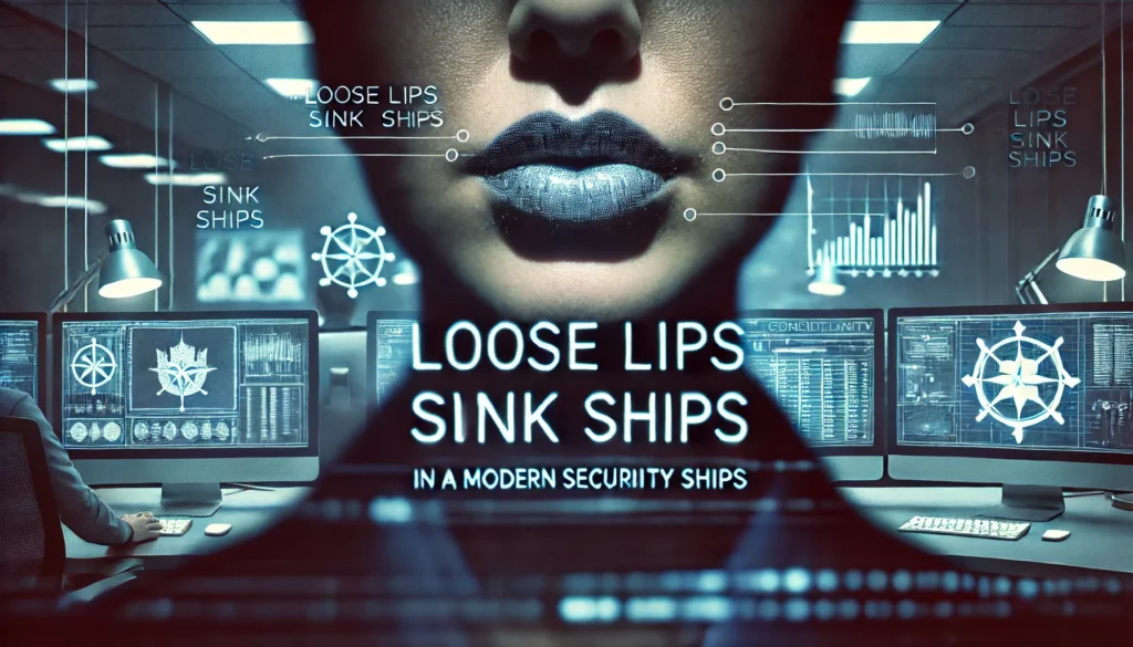 DALL·E 2024-11-13 13.31.10 - Create a Independent security risk consultants symbolic image for 'Loose Lips Sink Ships' in a modern security and confidentiality context. Show a close-up of a person in an office setting by .